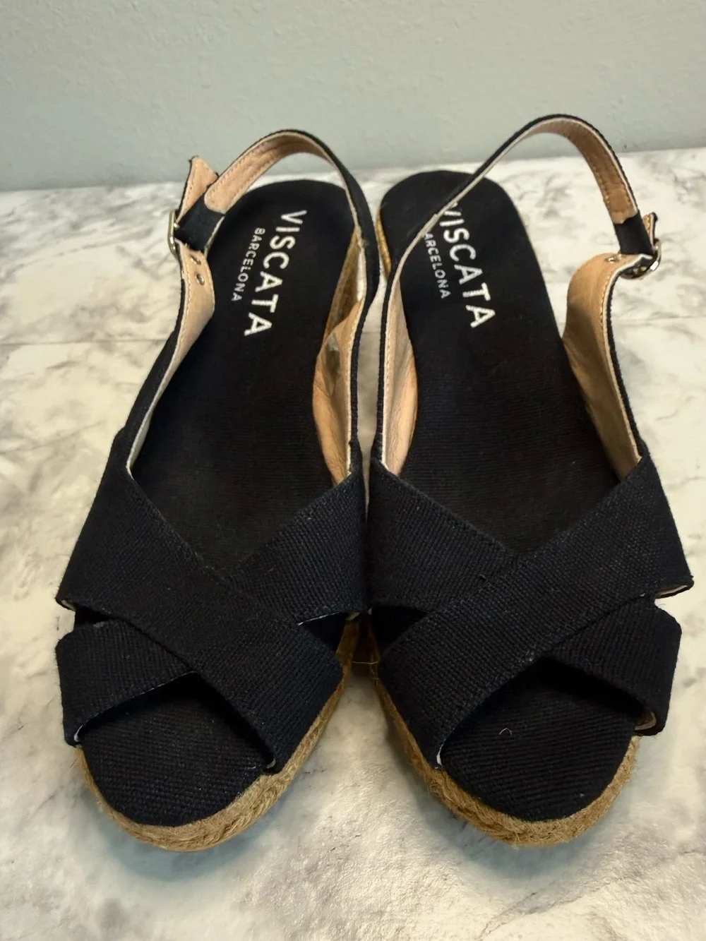 Viscata Barcelona Black Crisscross Espadrille Wedge Sandals Sz 8 1/2 made Spain